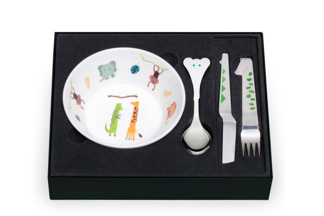 SAFARI gavesett med skål <br> Elefant skje, krokodille gaffel, slange kniv
